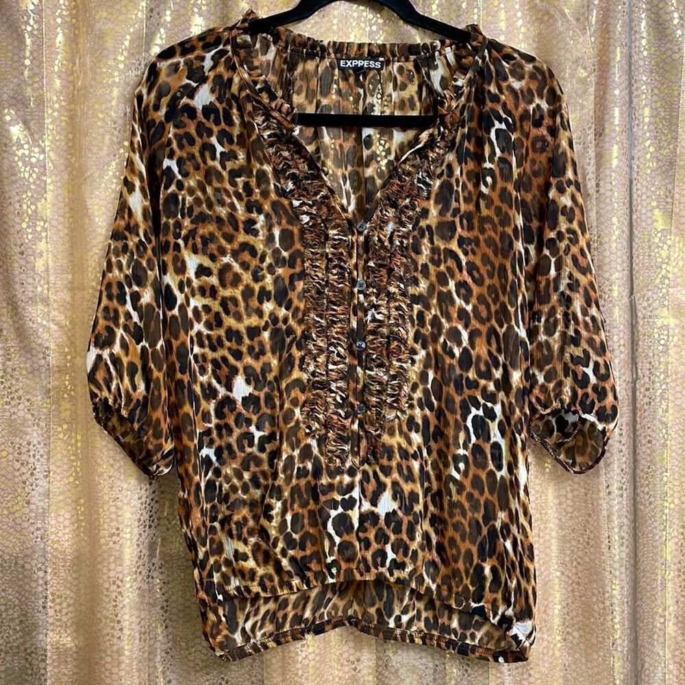 Express cheetah print sheer peasant style button blouse size S‎
